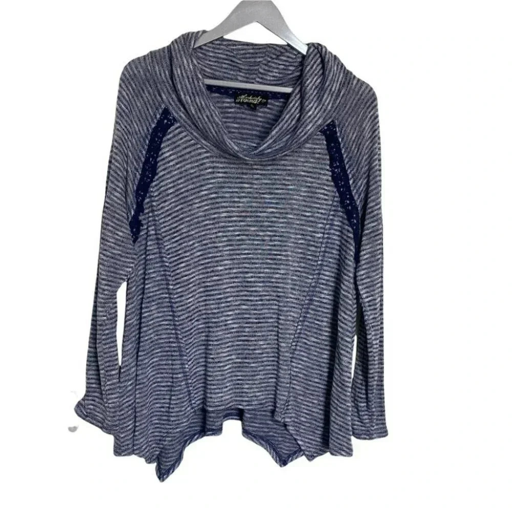 Absolutely Famous Top XL Blue Striped Cowl Neck Lace Trim Sharkbite Hem